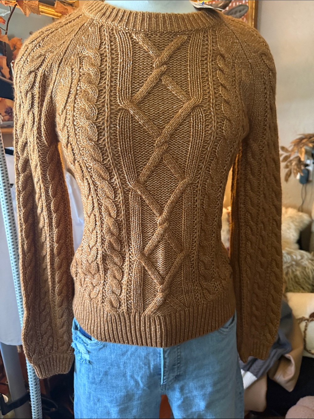 NWT Abercrombie & Fitch Cable-Knit Crewneck Sweater Camel Brown XS